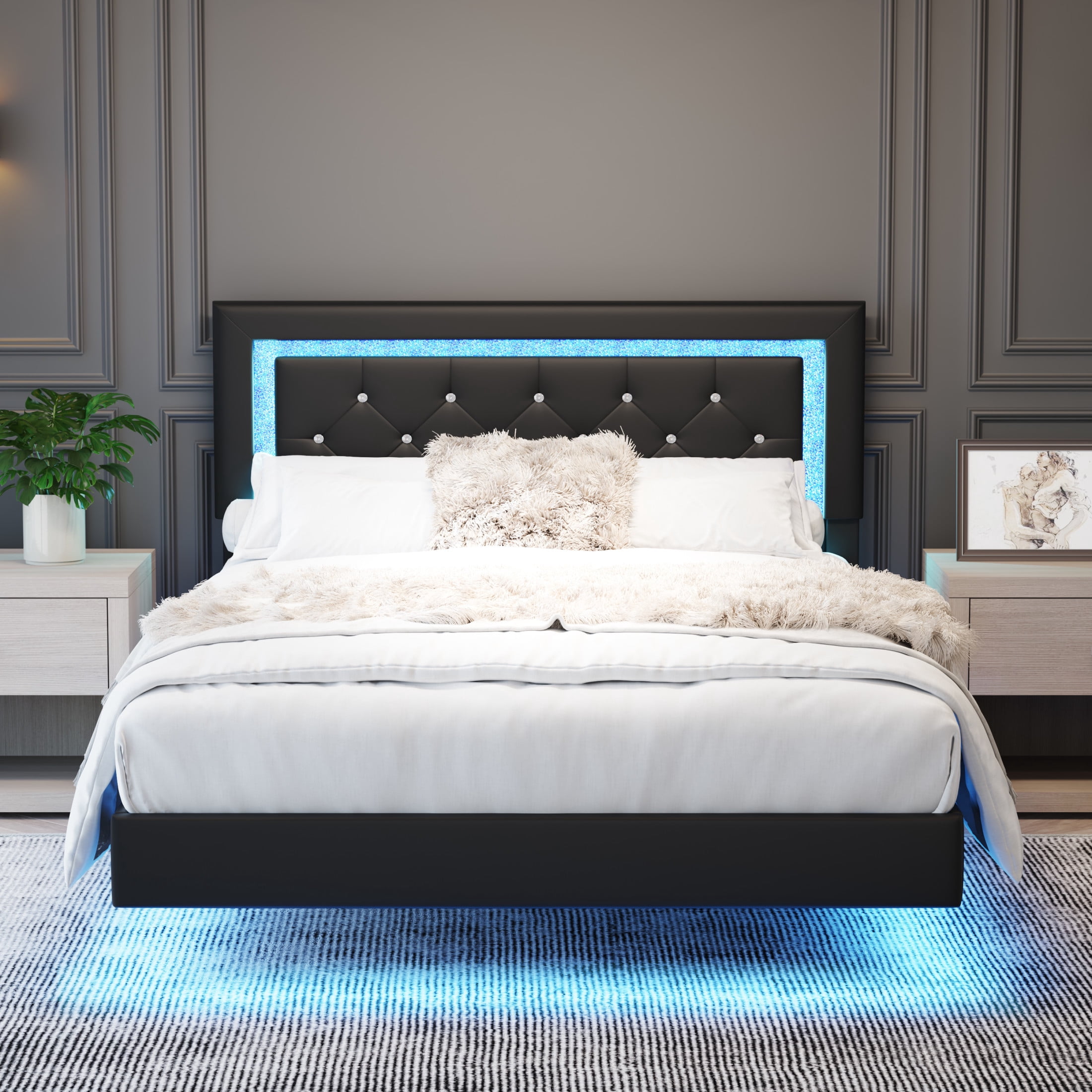 Noble House Elliana Full Size Upholstered Floating Platform Bed Frame with Diamond Tufted Headboard, LED Lights, Black