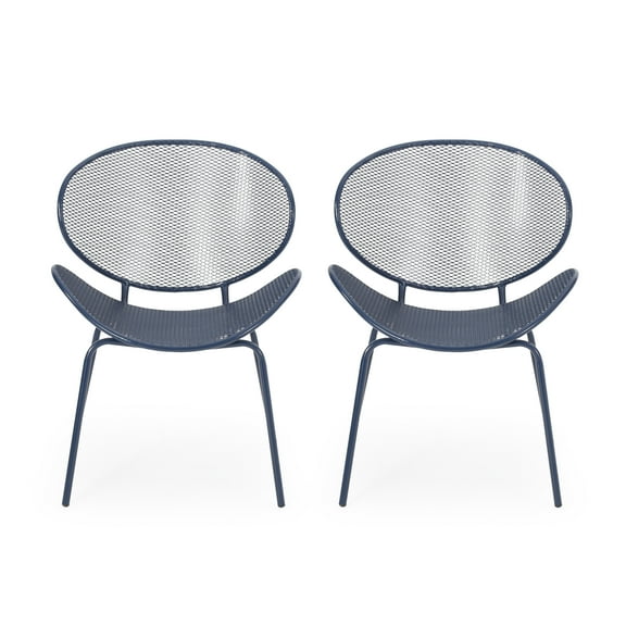 Noble House Elloree Outdoor Patio Iron Dining Chair Matte Navy Blue (Set of 2)