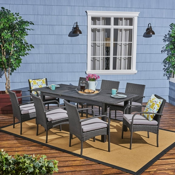Noble House Elmar 9 Piece Wooden Expandable Patio Dining Set in Dark Gray