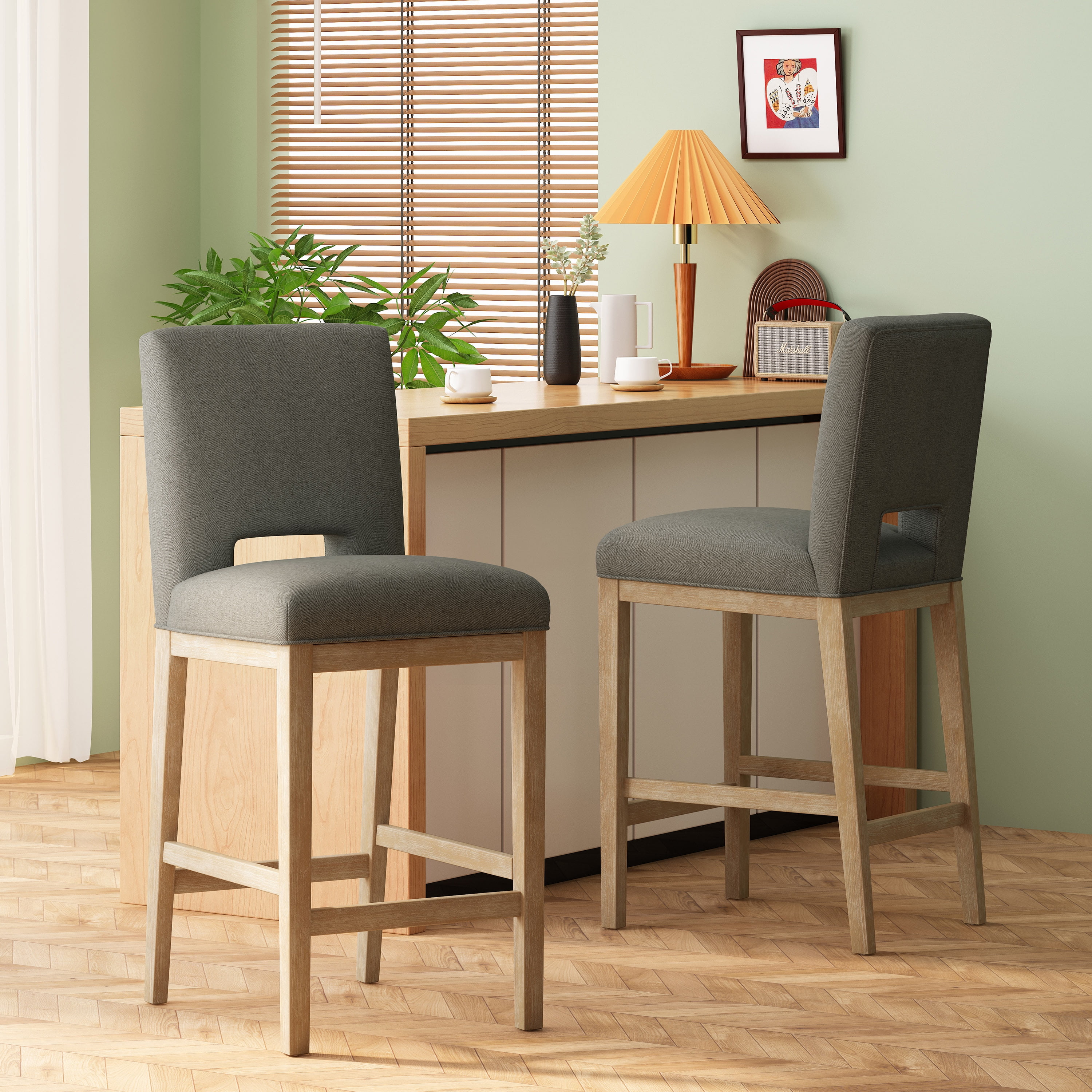 Noble House Elmcrest Fabric Upholstered 31 Inch Barstools, Set of 2, Deep Gray and Weathered Natural