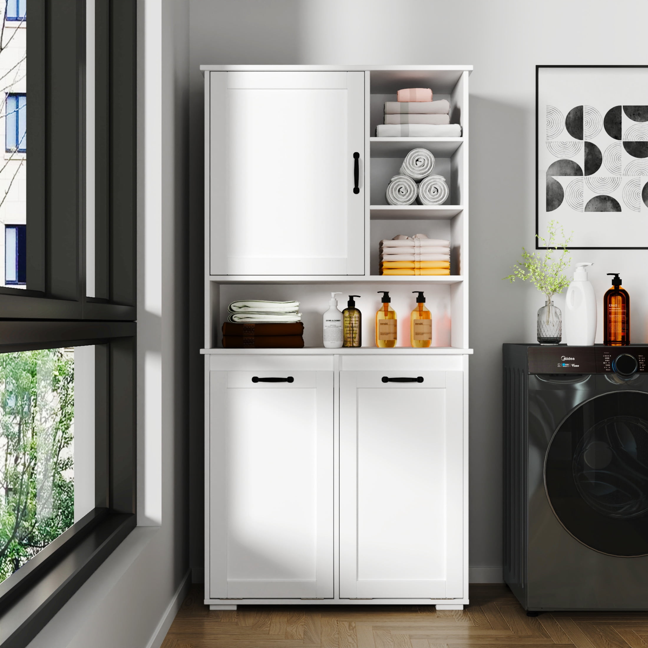Noble House Elshore 63" Laundry Cabinet, Dual Tilt-Out Hampers, Adjustable Shelves, Multiple Storage Space, White