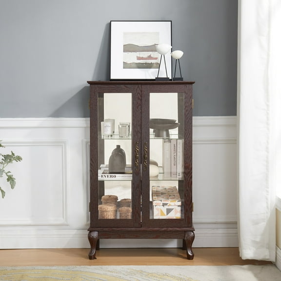 Noble House Elshore Lighted Curio Cabinet, 2-Door Glass Display with Mirrored Back, Adjustable Shelves, Dark Cherry