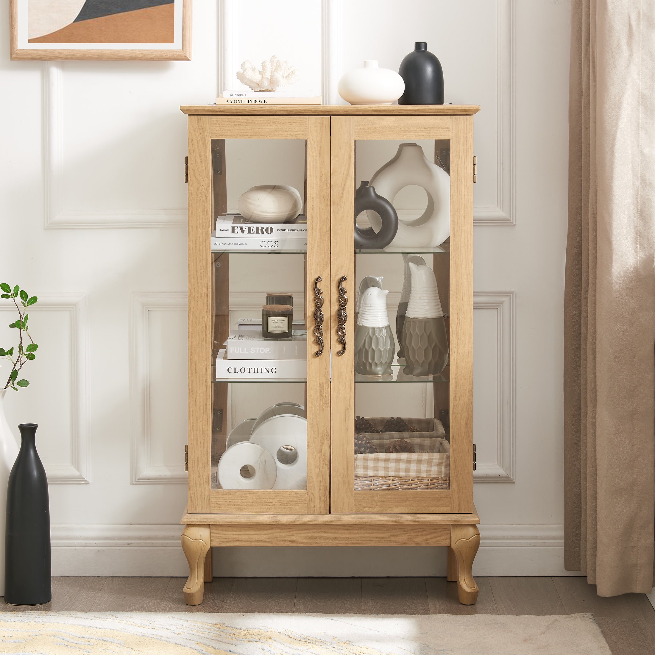 Noble House Elshore Lighted Curio Cabinet, 2-Door Glass Display with Mirrored Back, Adjustable Shelves, Light Oak