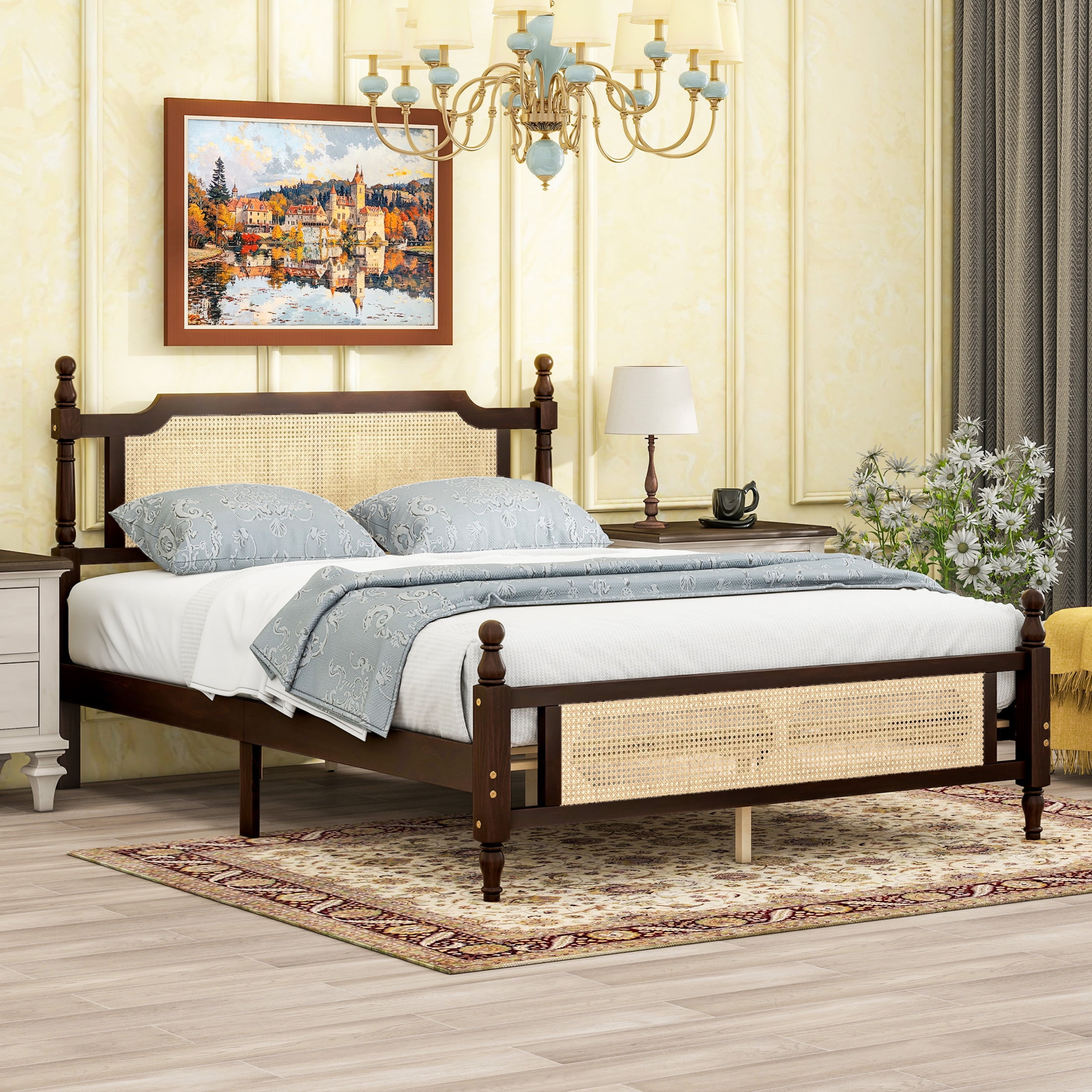 Noble House Elsie Queen Bed, Pine Wood Frame with Rattan Headboard & Footboard, Enhanced Slat Platform, Espresso