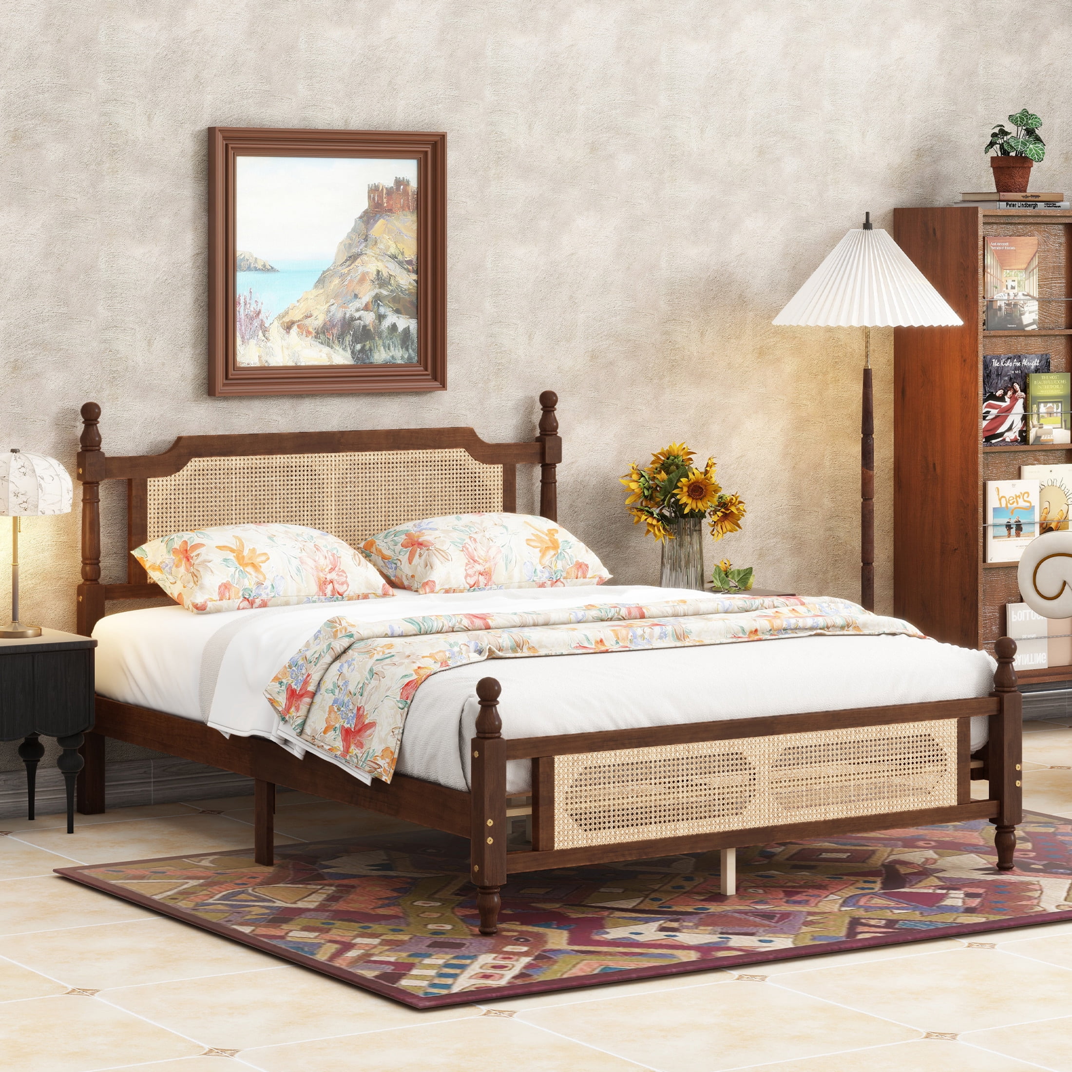 Noble House Elsie Queen Bed, Pine Wood Frame with Rattan Headboard & Footboard, Enhanced Slat Platform, Walnut