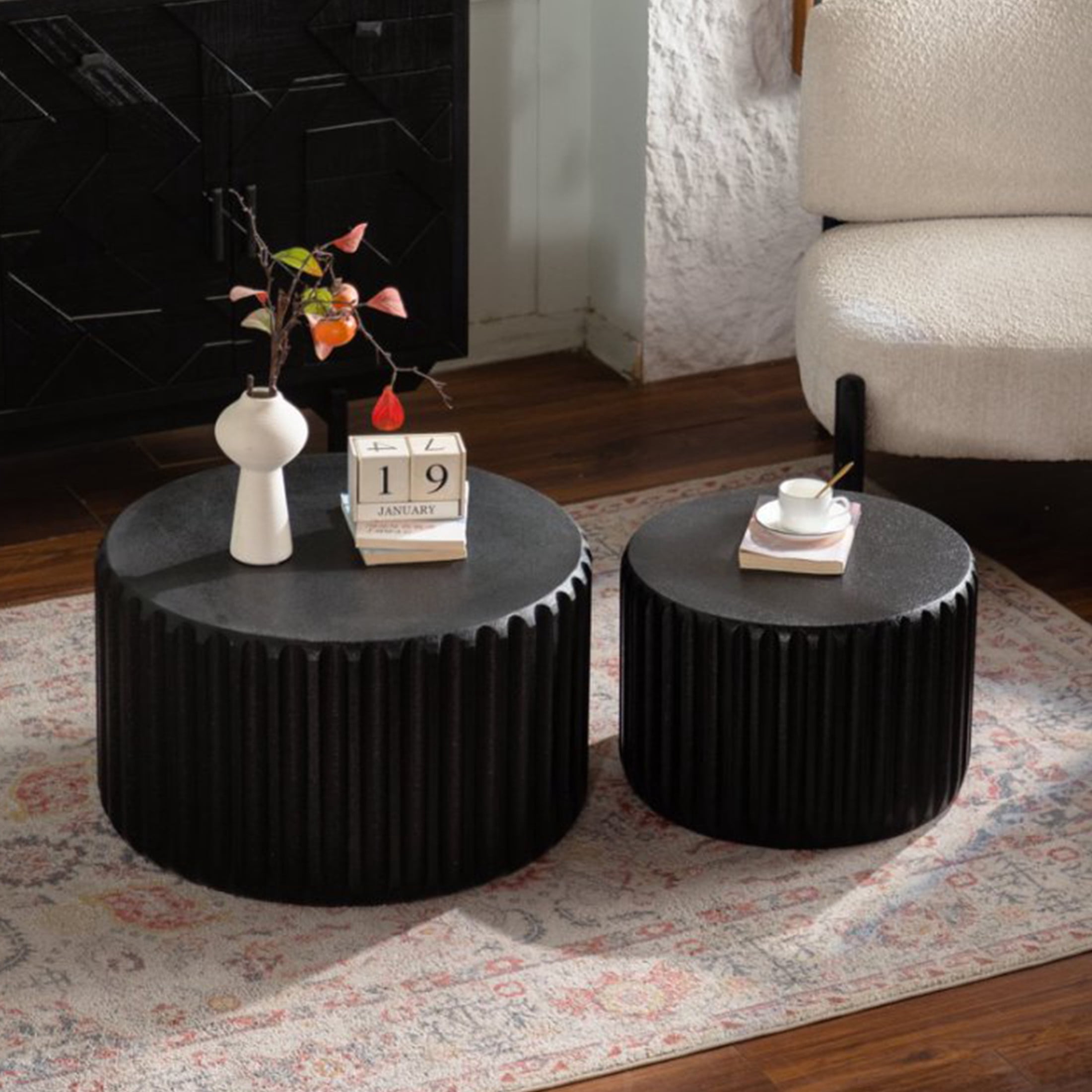 Noble House Elul Scalloped Round Coffee Table Set, 2-Piece Nesting Design with Elegant Curved-Edge Shape, Black
