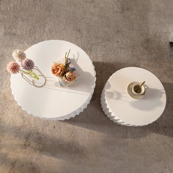 Noble House Elul Scalloped Round Coffee Table Set, 2-Piece Nesting Design with Elegant Curved-Edge Shape, Cream White