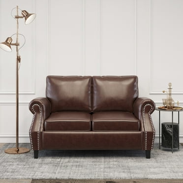 Noble House Elwick Faux Leather Loveseat with Nailhead Trim, Dark Brown