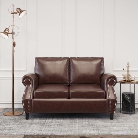 Noble House Elwick Faux Leather Loveseat with Nailhead Trim, Dark Brown