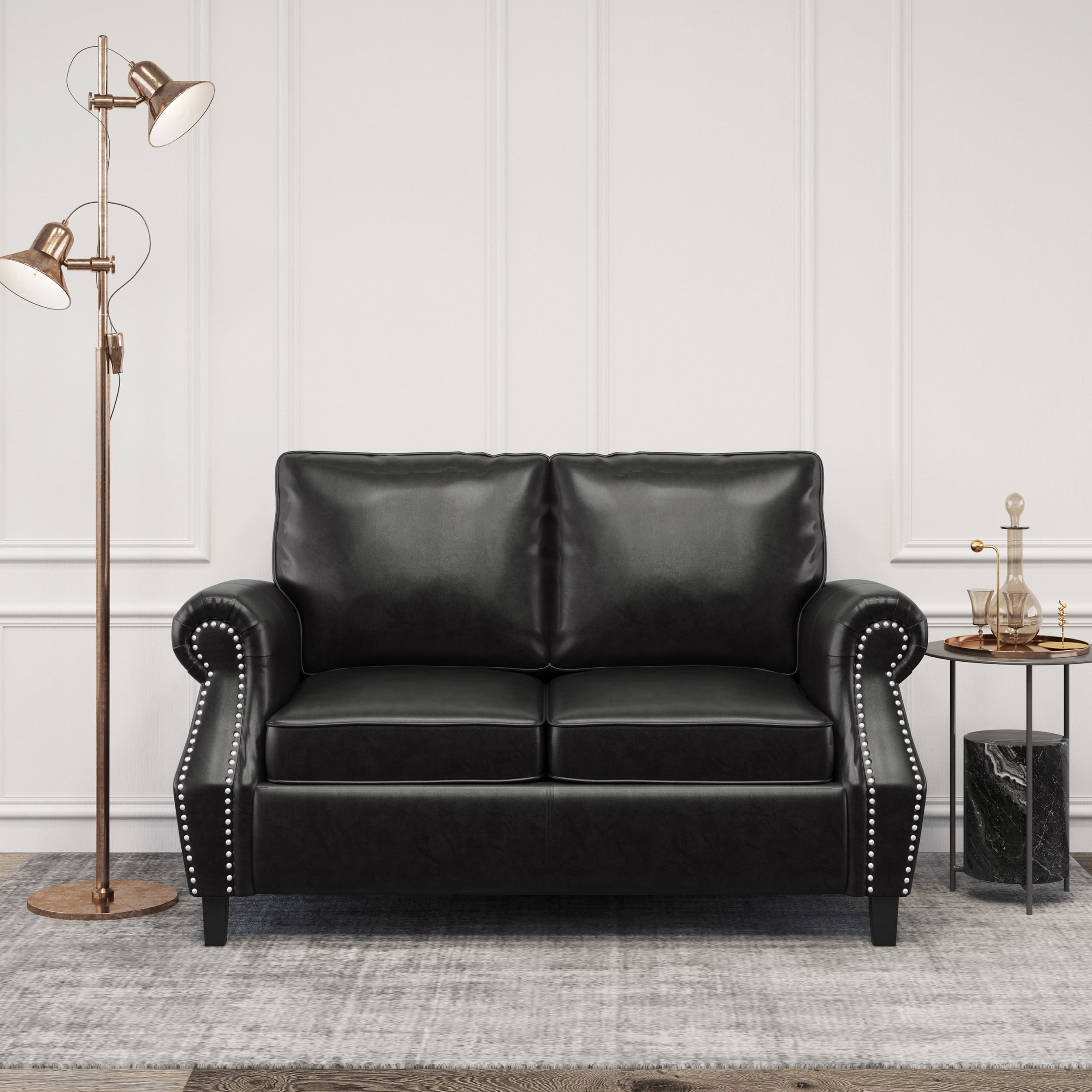 Noble House Elwick Faux Leather Loveseat with Nailhead Trim, Midnight