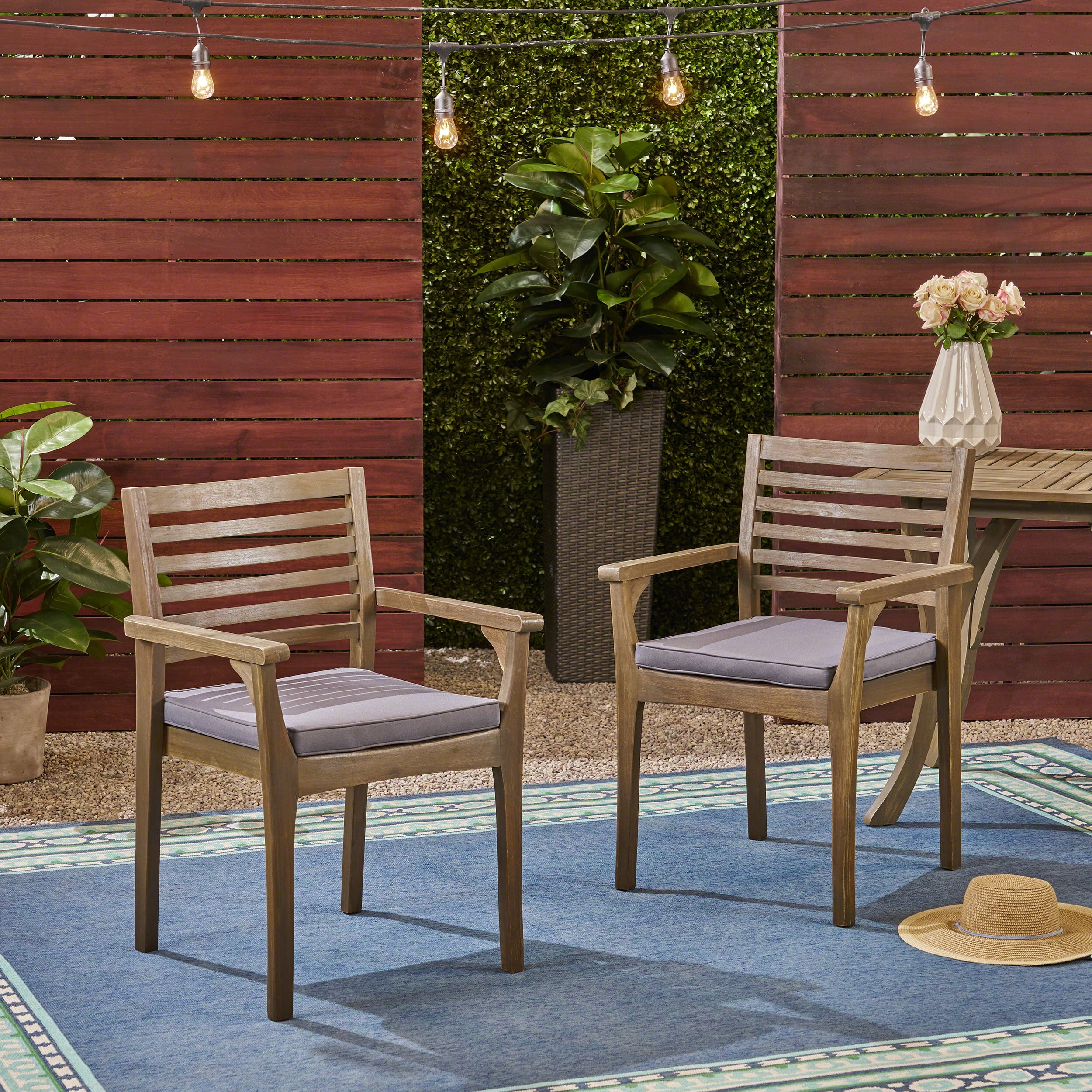 Scarlett Outdoor Acacia Wood Dining Chair with Cushions, Set of 2, Grey, Dark Gray