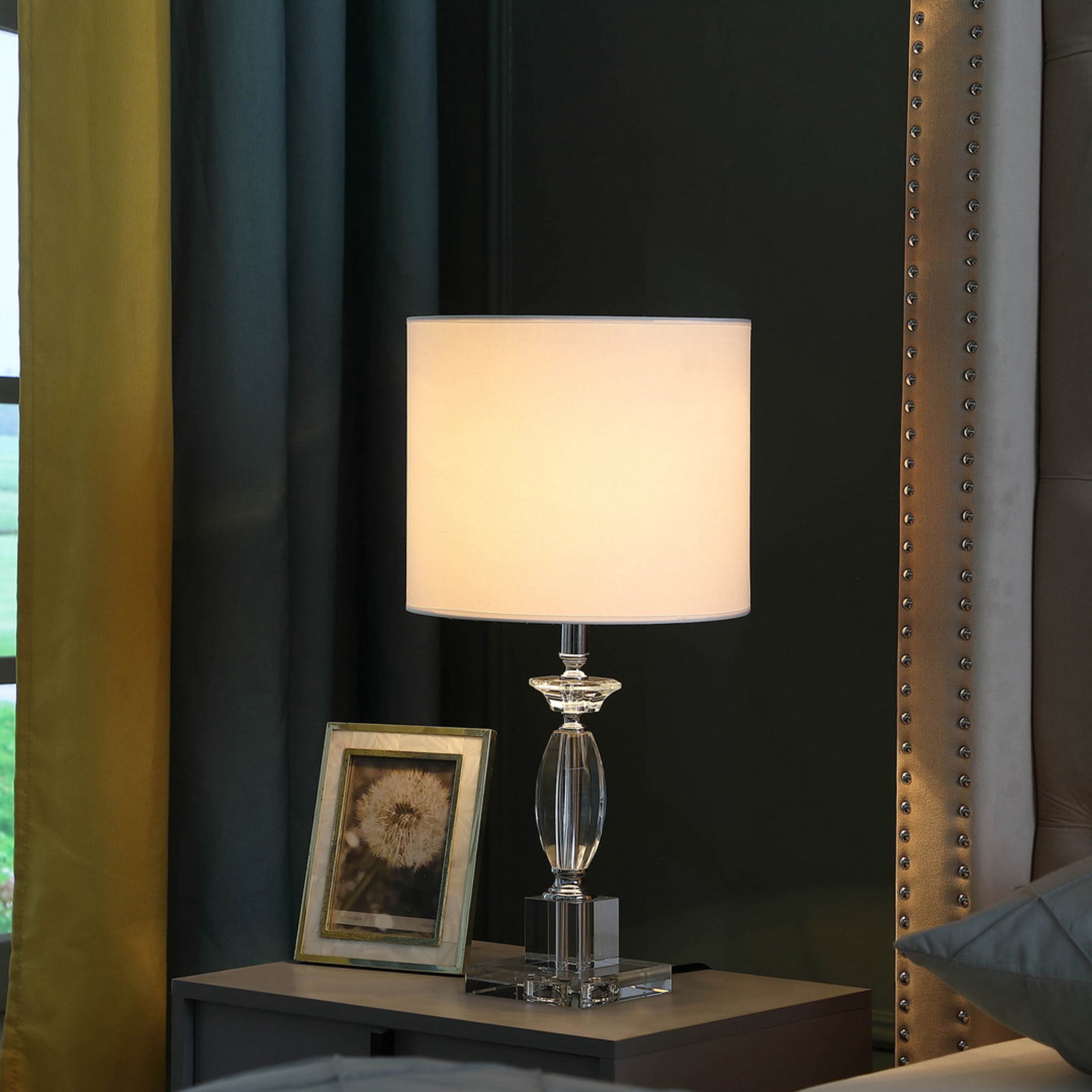 Noble House Emmil 23.25" Cut-Crystal Table Lamp, White Drum Shade, E26 Bulb, Modern Accent Compact Design, Clear