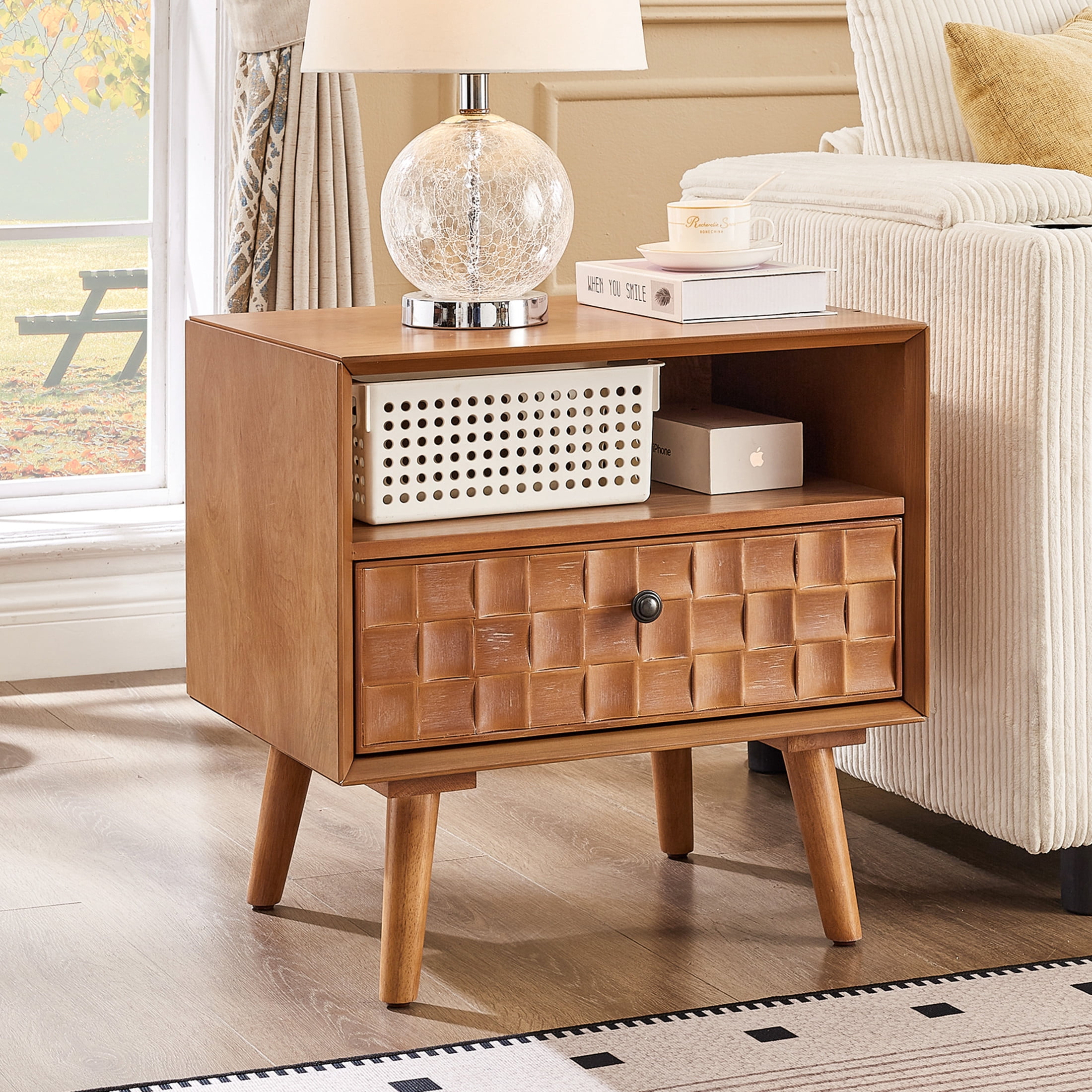 Noble House Enoch 22" Mid-Century Modern Wood Nightstand, Carved Geometric Drawer Bedside Table with Open Shelf, Oak