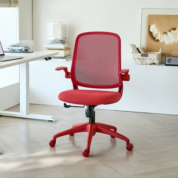 Noble House Ergonomic Mesh Swivel Office Chair, Lifting Multifunction Task Chair with Flip Arms and Mid-Backrest, Red
