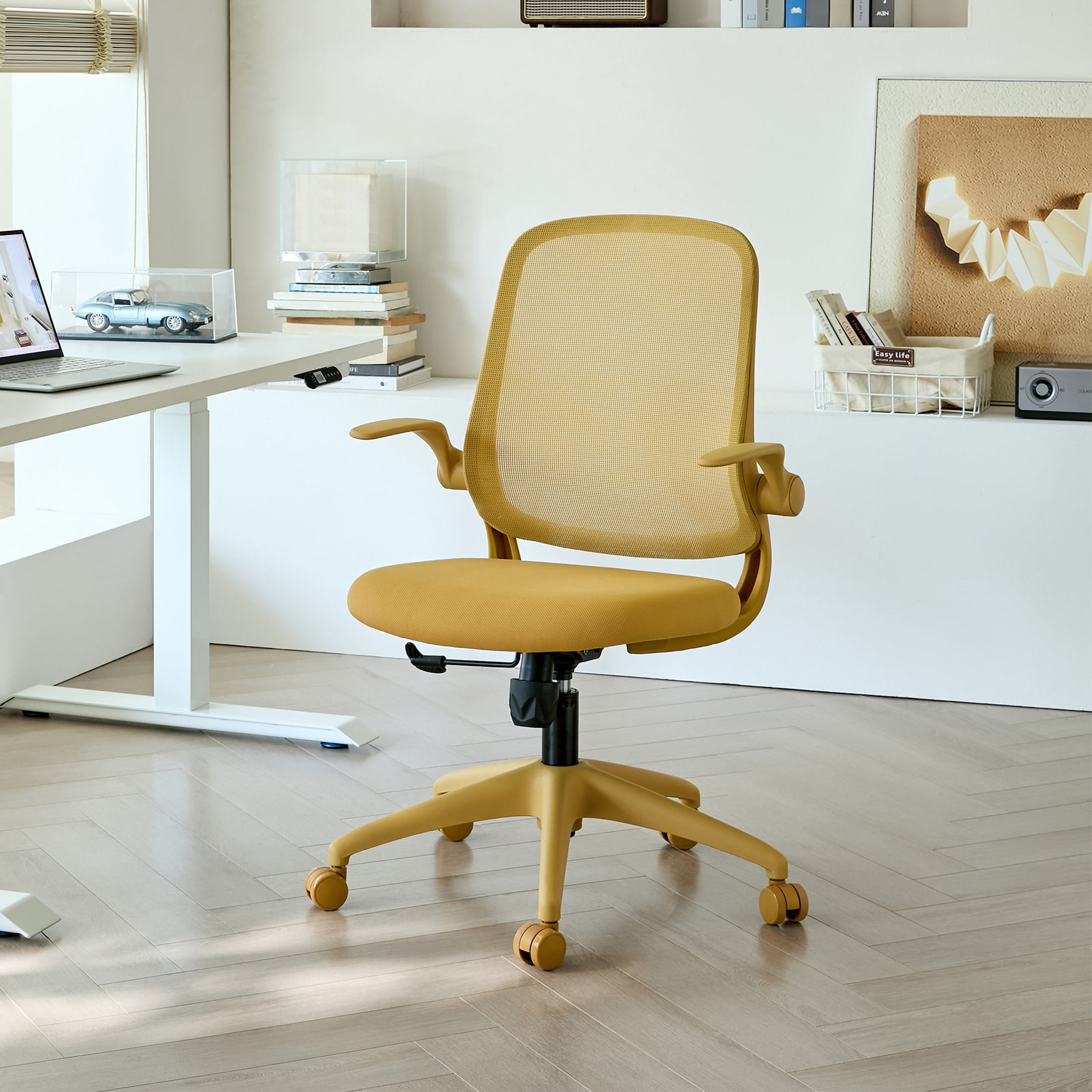 Noble House Ergonomic Mesh Swivel Office Chair, Lifting Multifunction Task Chair with Flip Arms and Mid-Backrest, Yellow
