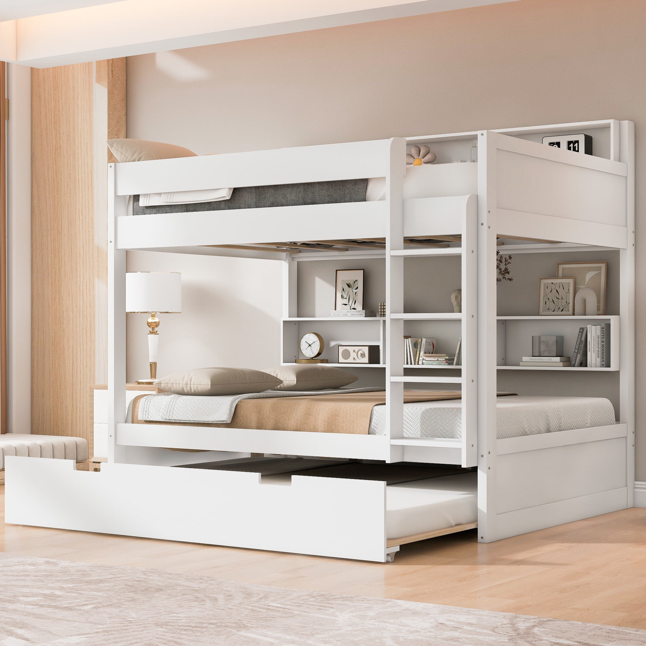 Noble House Erika Full over Full Bunk Bed with Pull-out Trundle and Integrated Storage Shelves, Antique White