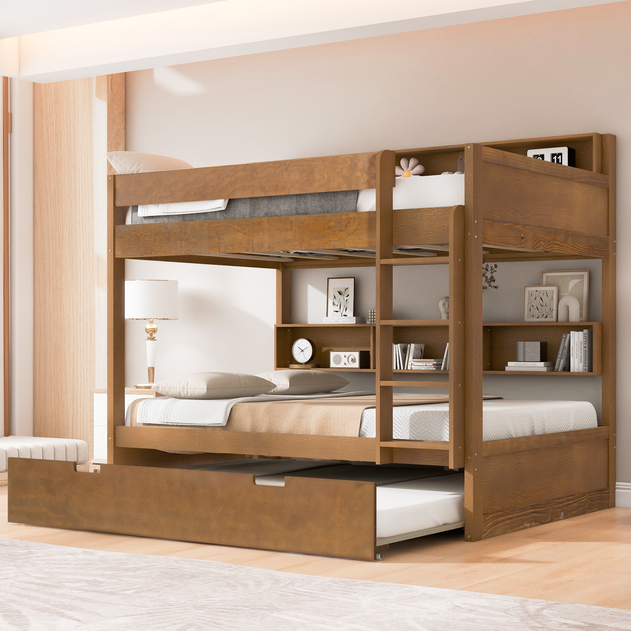 Noble House Erika Full over Full Bunk Bed with Pull-out Trundle and Integrated Storage Shelves, Antique Wood
