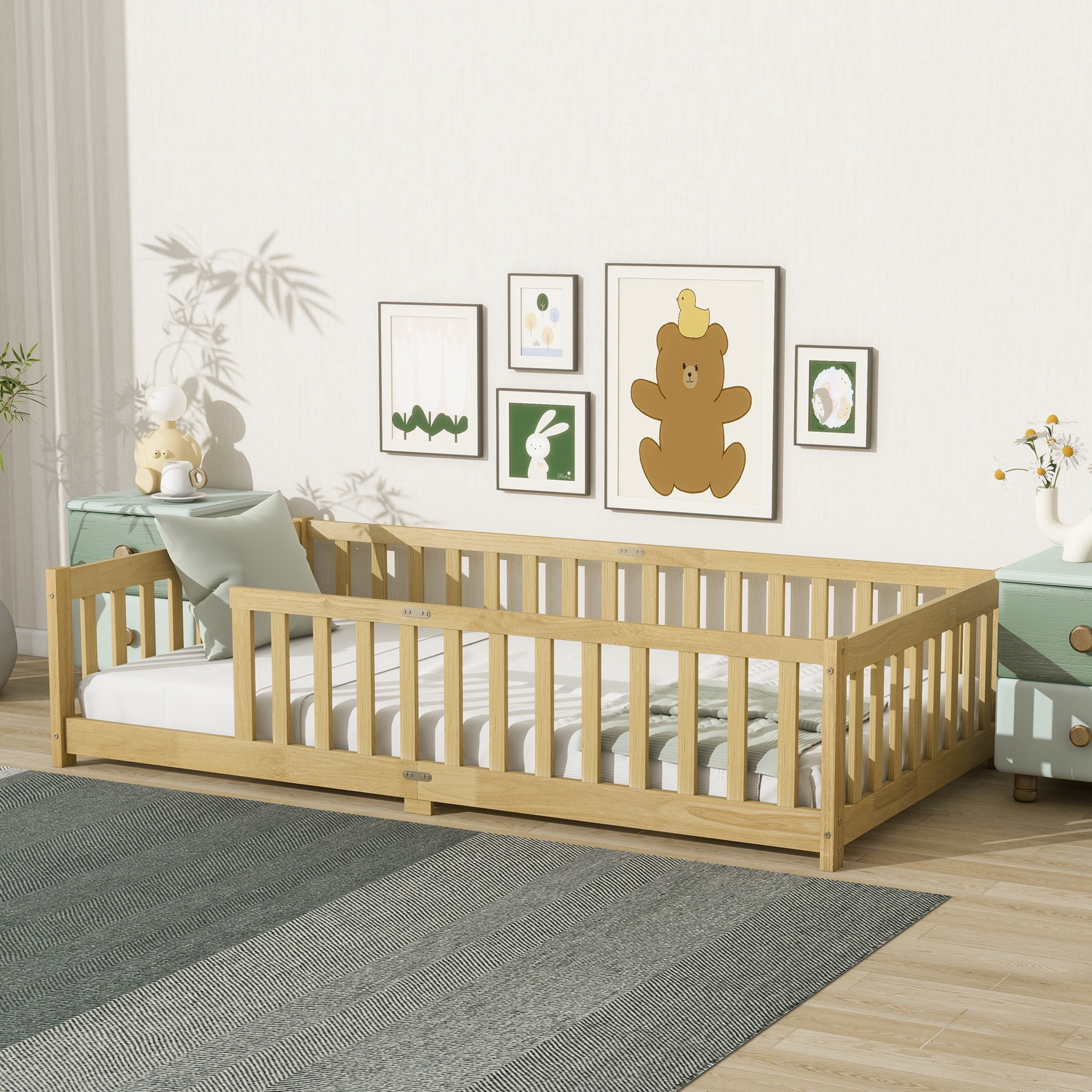Noble House Erika Twin Floor Bed with Safety Fence, Rubber Wood Montessori Bed Frame, Kid's Room, Natural