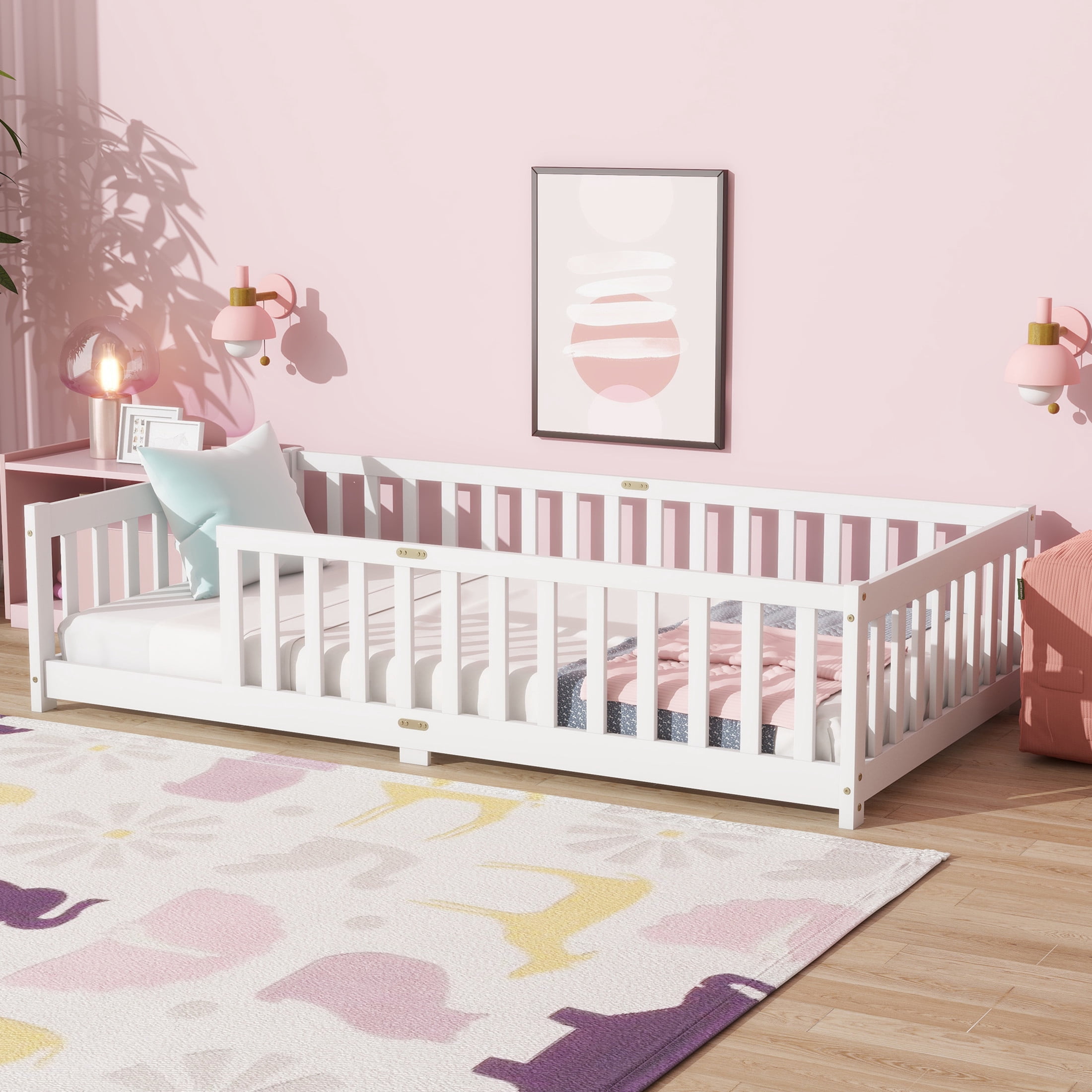 Noble House Erika Twin Floor Bed with Safety Fence, Rubber Wood Montessori Bed Frame, Kid's Room, White