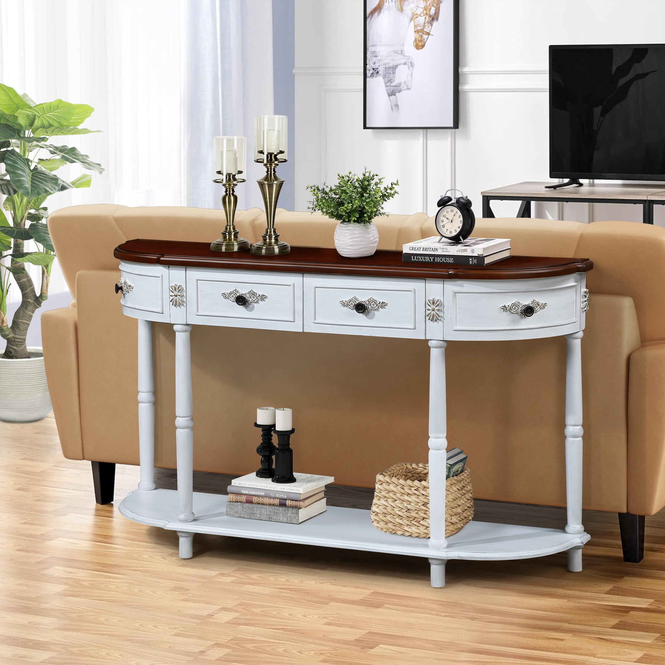 Noble House Ernestine Console Table, Pine Wood Frame with Drawers and ...