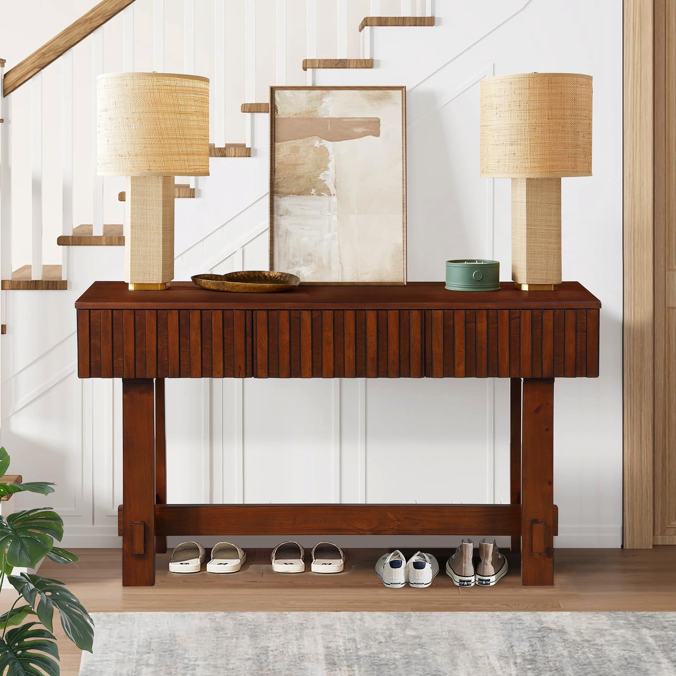 Noble House Ernestine Console Table, Pine Wood Frame with Drawers and Shelf, Half Moon Entryway Table, Cherry