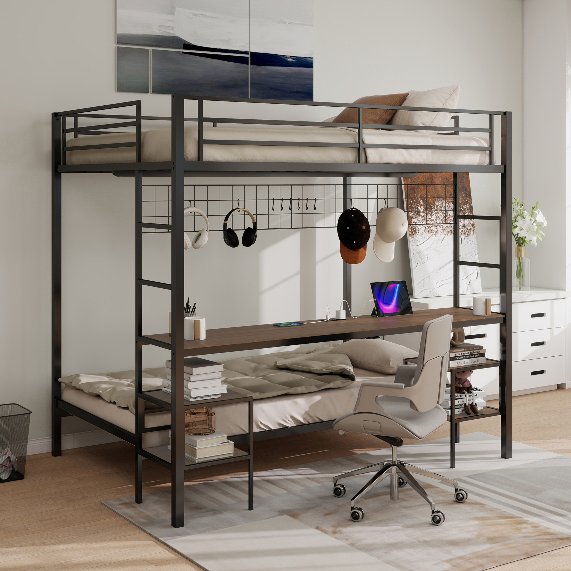 Noble House Ethan Full Over Twin Metal Bunk Bed with Desk, Storage Shelves, Black and Cinnamon Oak