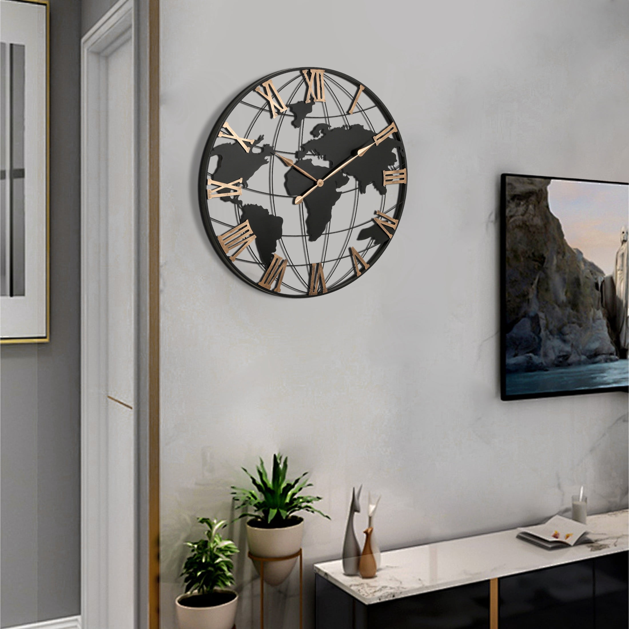 Noble House Extra Large Black Metal World Map Wall Clock, Silent Design with Vintage Gold Roman Numerals, Modern Decorative Clock, Black + Gold