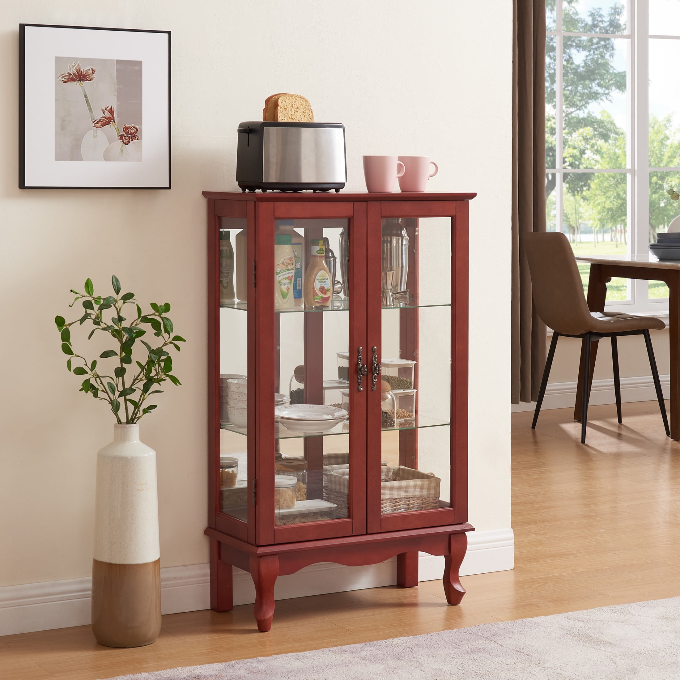 Noble House Fairfax Lighted Curio Cabinet with Mirrored Back, Glass Doors and Adjustable Shelves, Home Office, Cherry