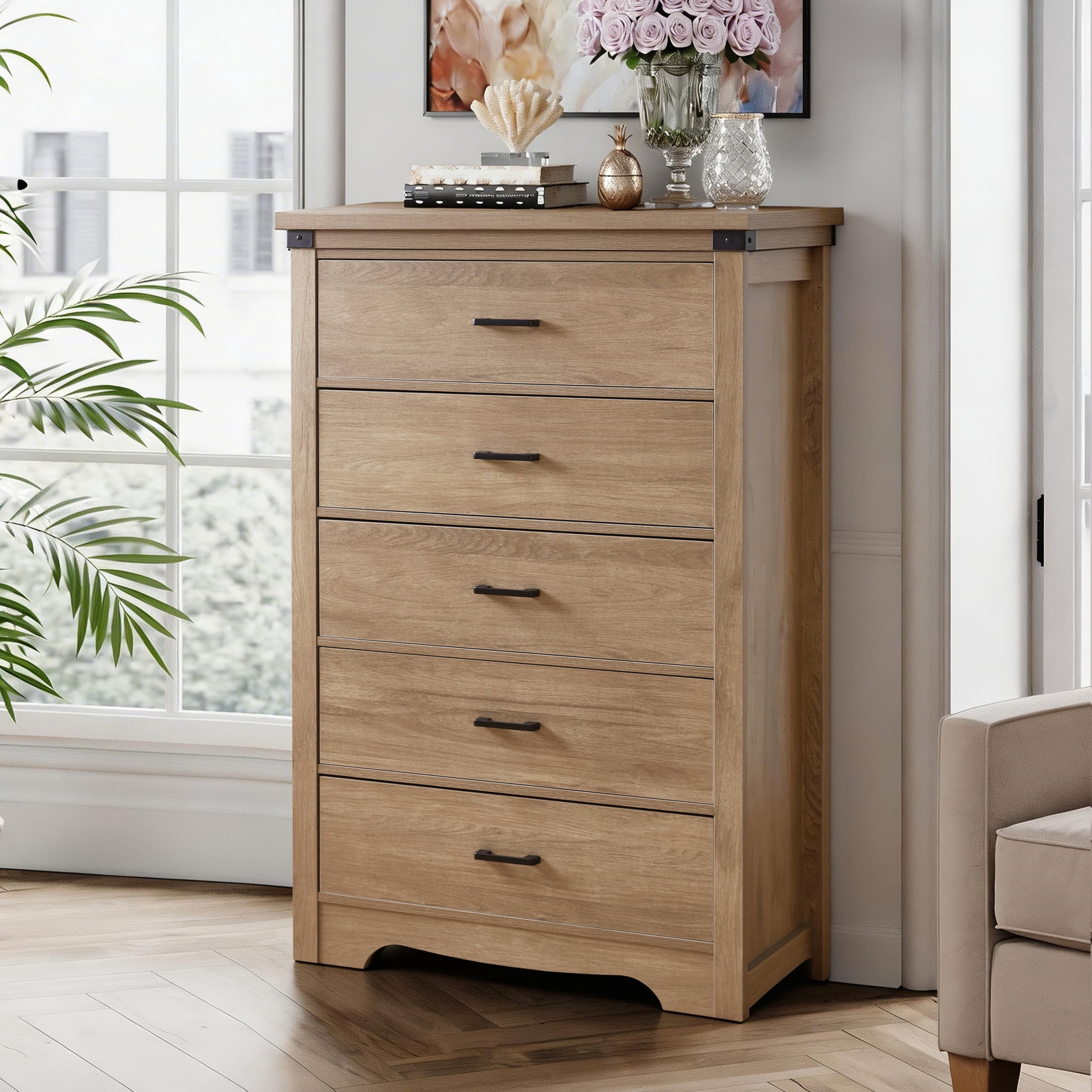 Noble House Farmhouse 5-Drawer Storage Dresser, Wood Chest for Bedroom, Living Room or Hallway, Oak