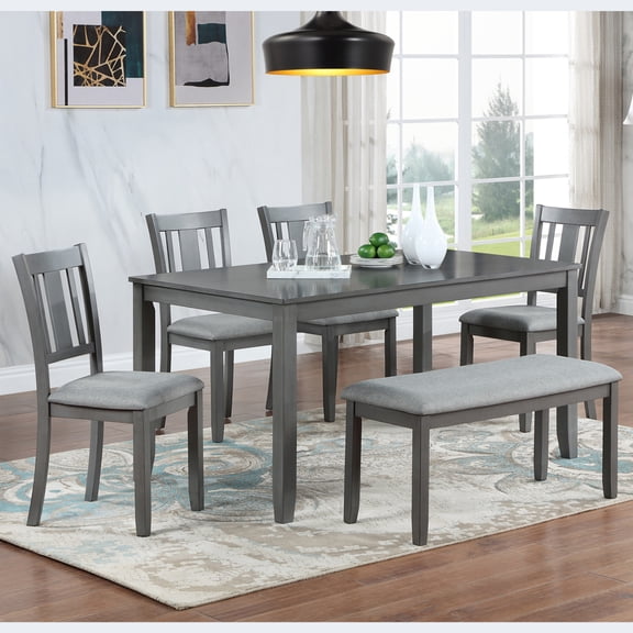 Noble House Farmhouse Dining Set for 6, Rectangular 58.5" Wooden Table with Upholstered Chairs and Bench, Gray