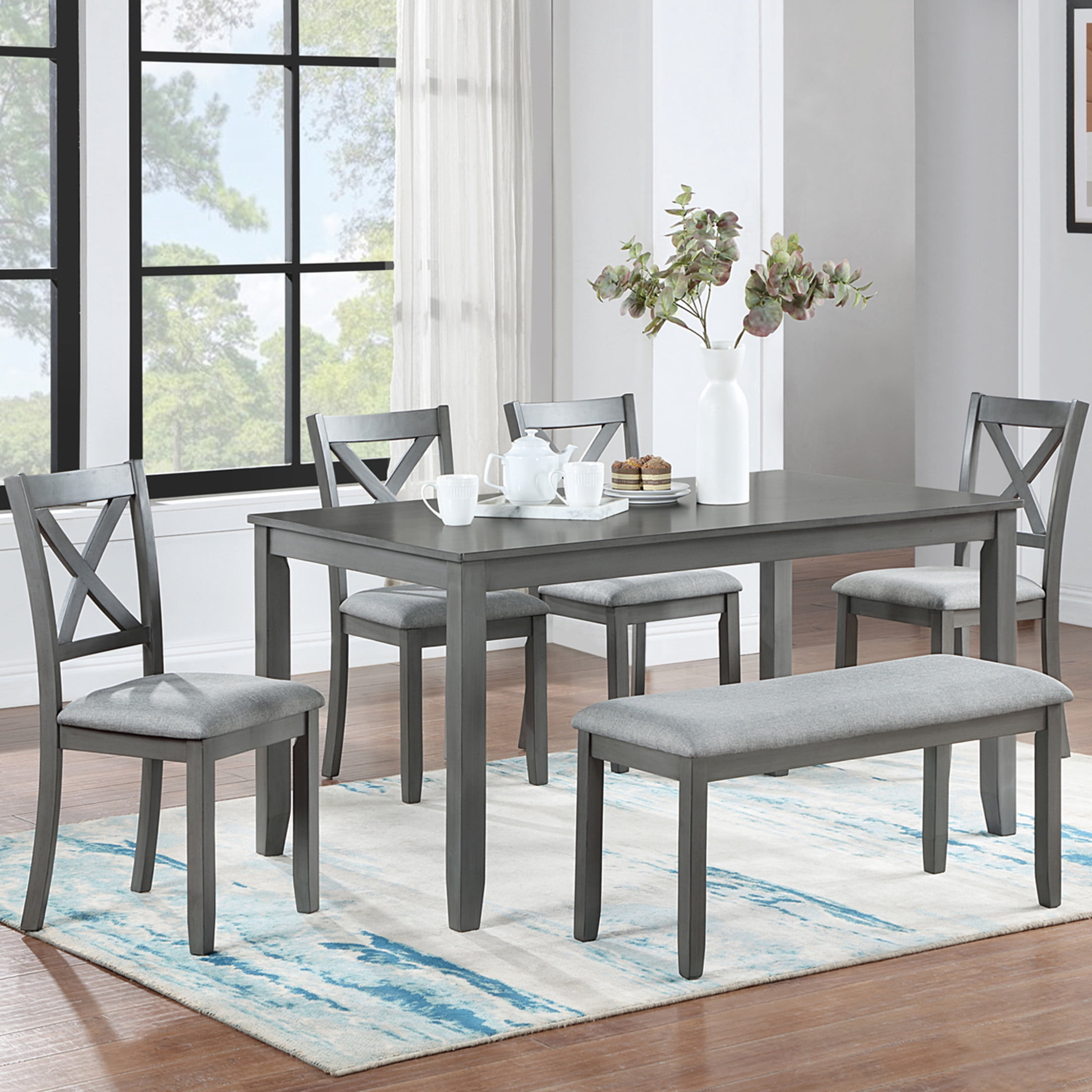 Noble House Farmhouse Dining Set for 6, Rectangular 58.5" Wooden Table with Upholstered Chairs and Bench, Gray