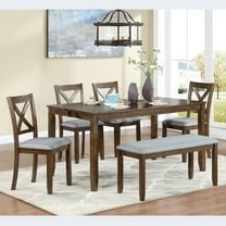 Noble House Farmhouse Dining Set for 6, Rectangular 58.5" Wooden Table with Upholstered Chairs and Bench, Walnut