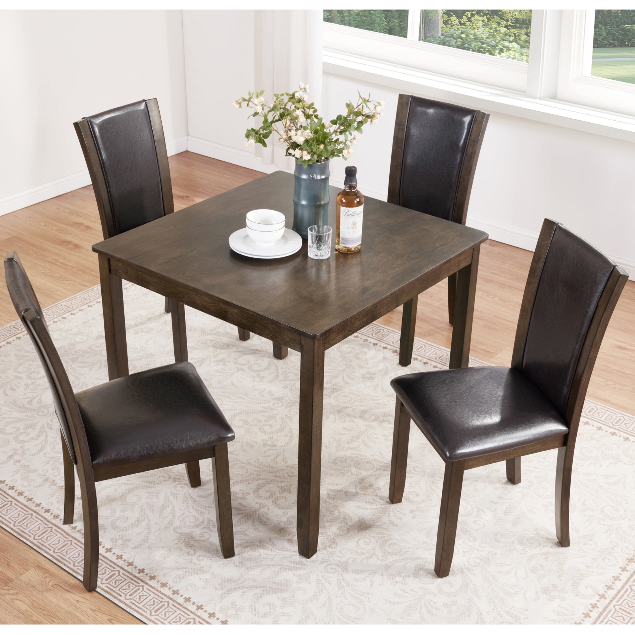 Noble House Farmhouse Dining Table Set for 4 with Leather Upholstered Chairs, Wood Frame, Dark Walnut