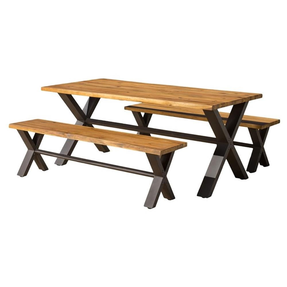 Farmhouse Teak and Rustic Metal Dining Set with Benches