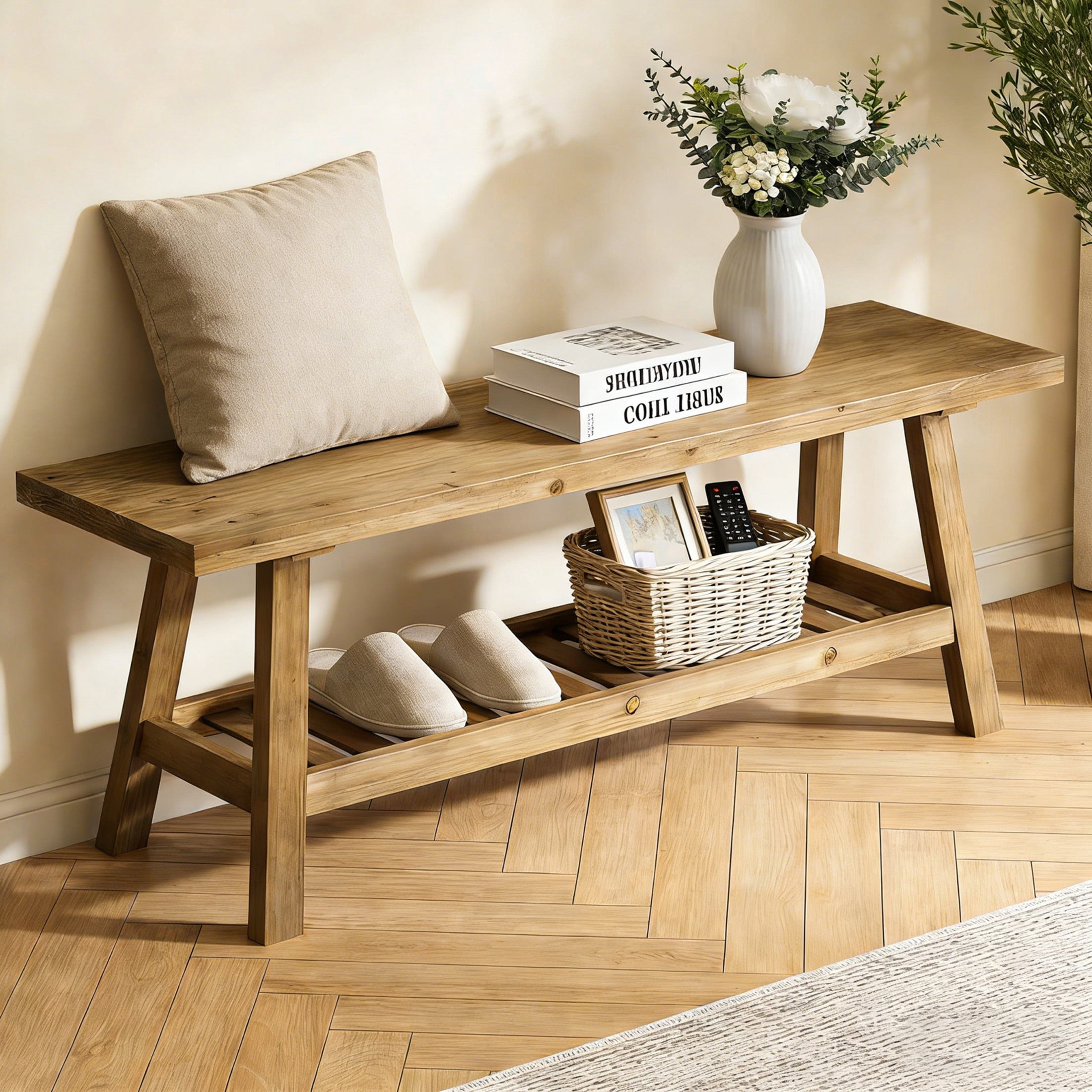 Noble House Farmhouse Wooden Entryway Bench, Distressed Wood 2-Tier Narrow Storage Bench with Open Shelf, Gray