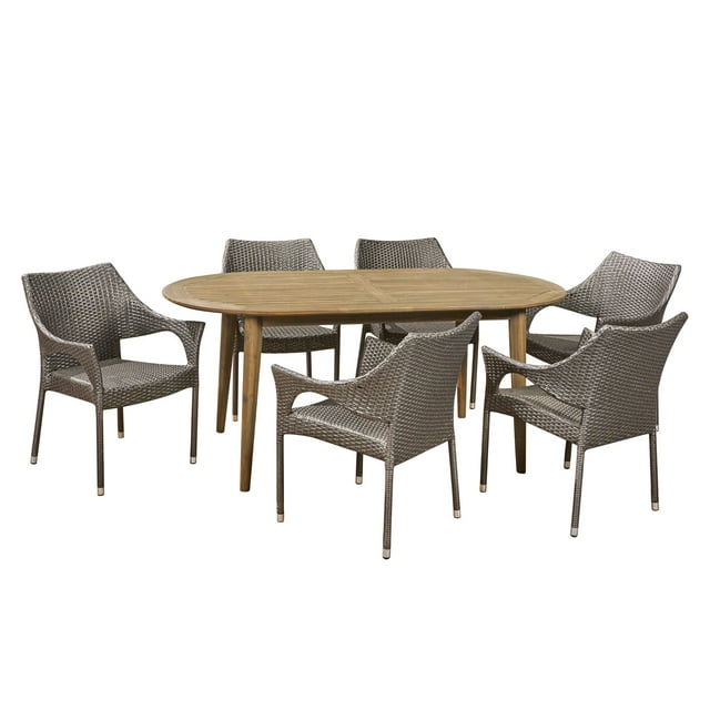 Noble House Fayette 7 Piece Wooden Oval Patio Dining Set in Gray