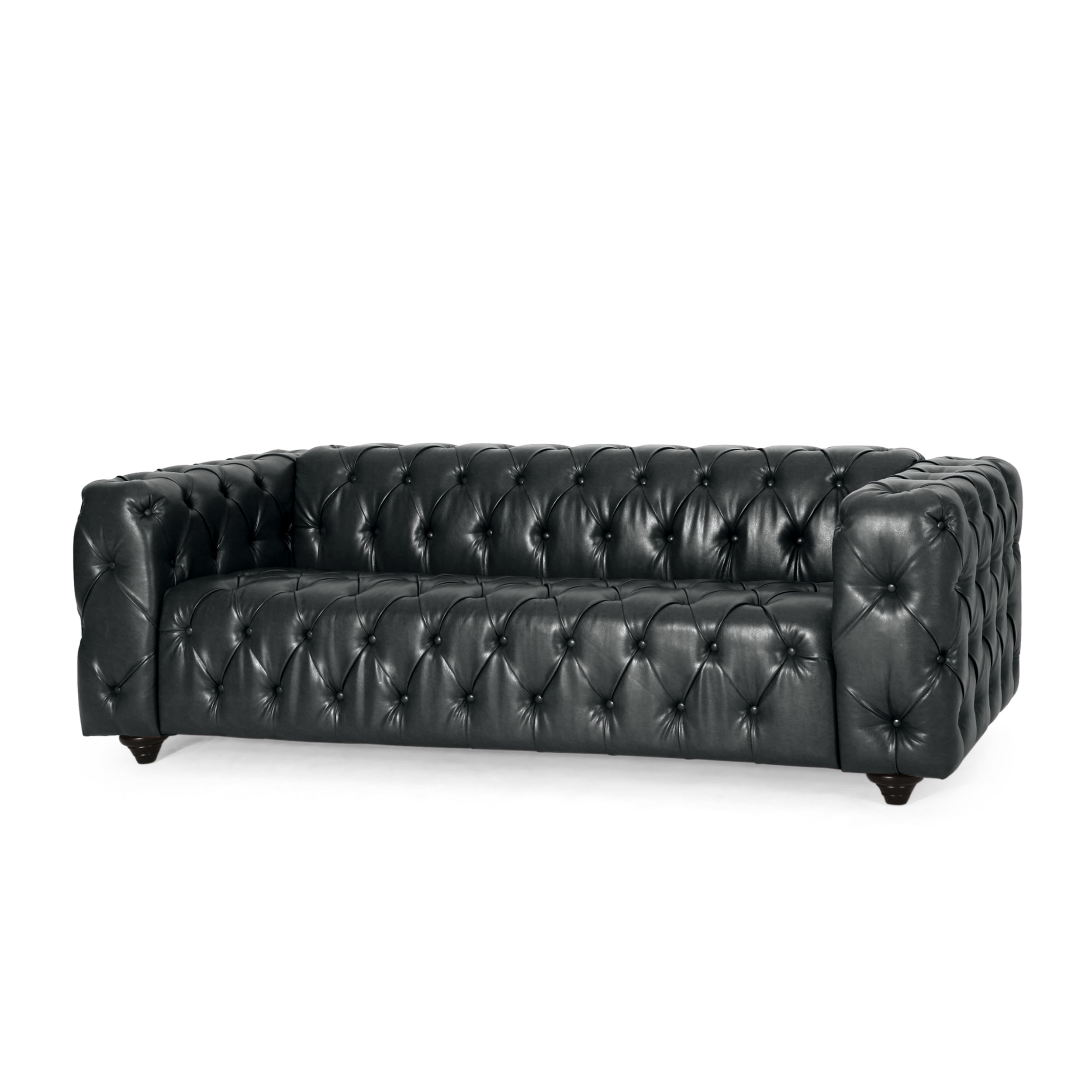 Noble House Feichko Faux Leather Tufted 3 Seater Sofa, Midnight Black