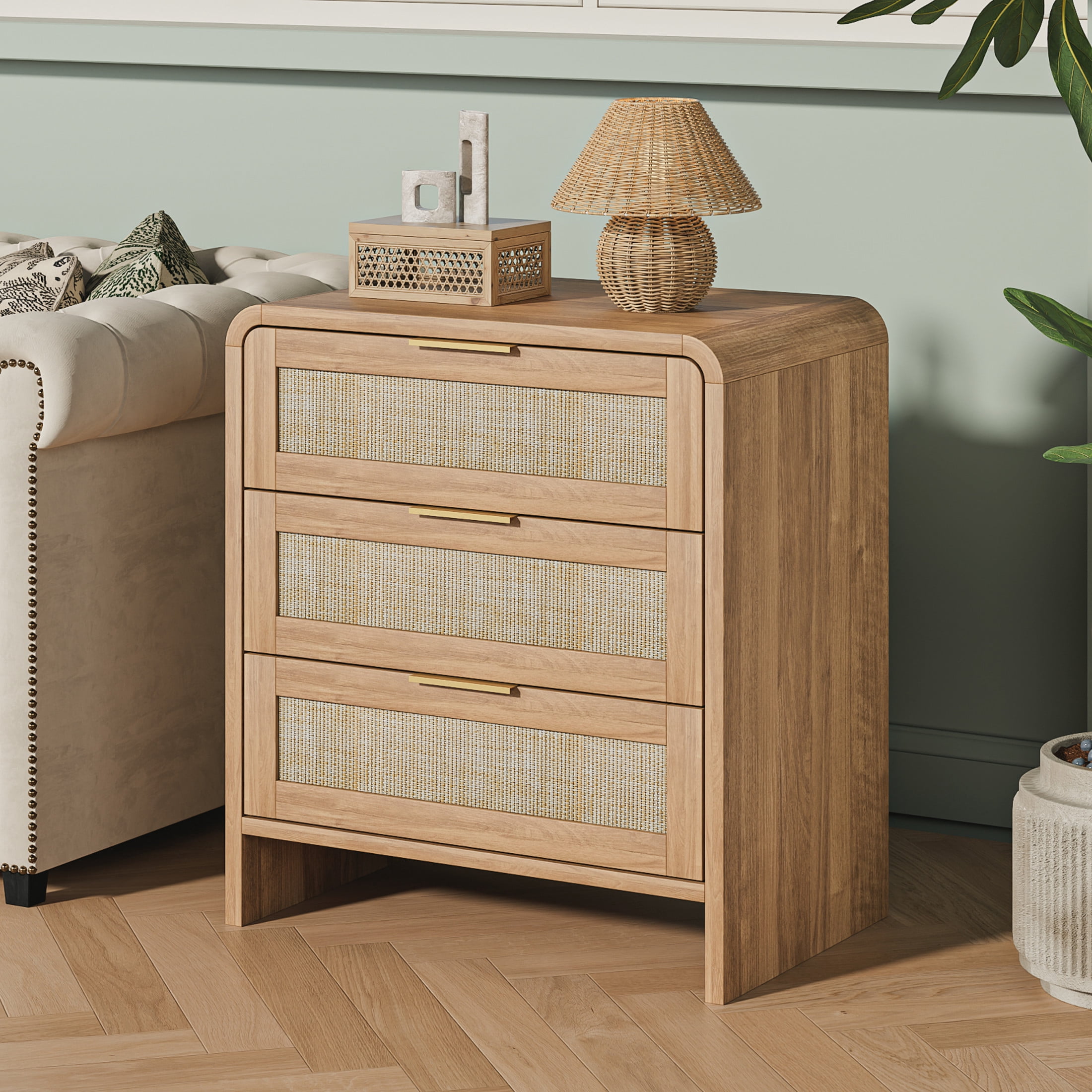 Noble House Felix 23" Rattan Wooden Nightstands, 3-Drawer Curved Bedside Tables with Gold Handles, Caramel, Set of 2