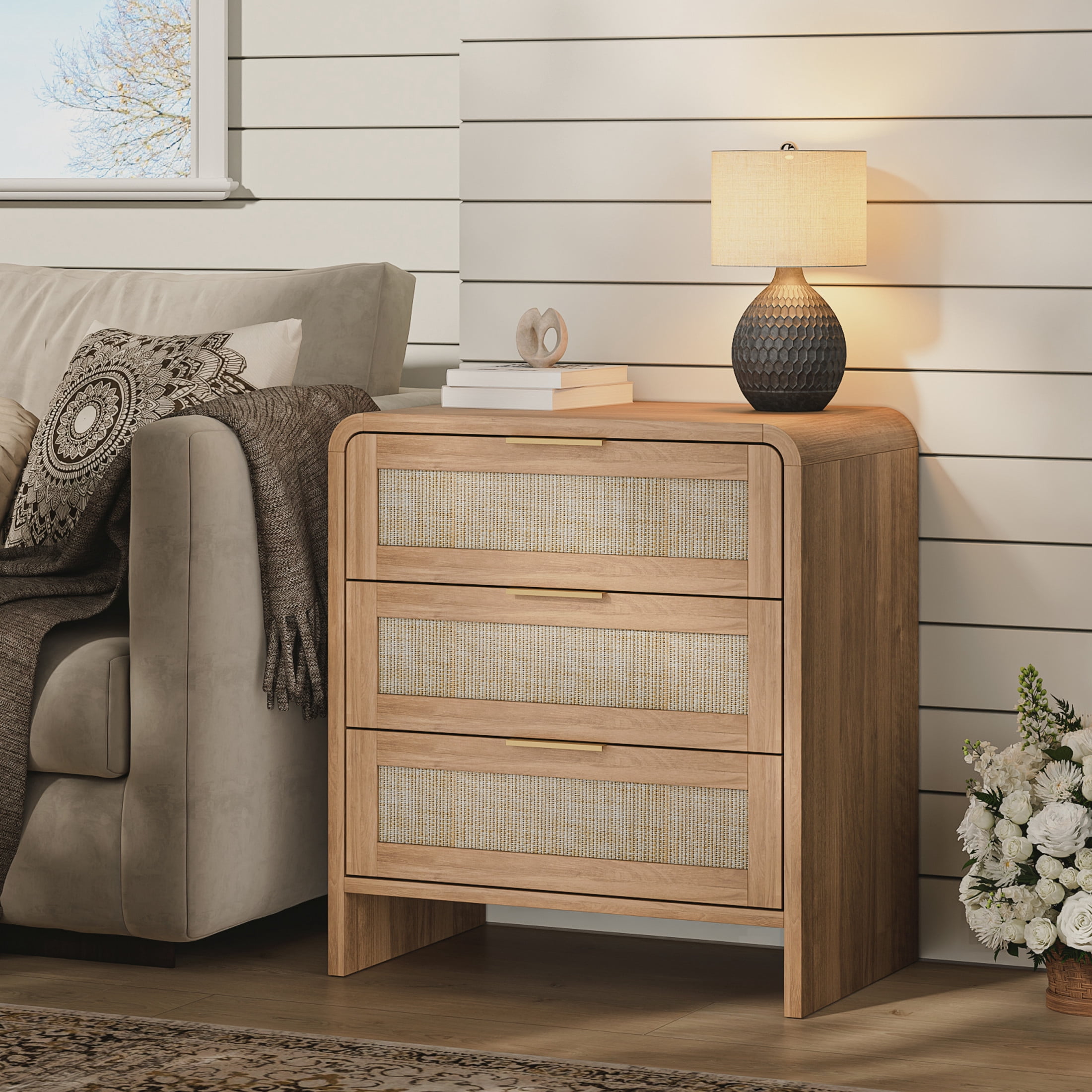 Noble House Felix 23" Rattan Wooden Nightstands, 3-Drawer Curved Bedside Tables with Gold Handles, Caramel