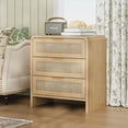 thumbnail image 1 of Noble House Felix 23" Rattan Wooden Nightstands, 3-Drawer Curved Bedside Tables with Gold Handles, Oak, 1 of 9