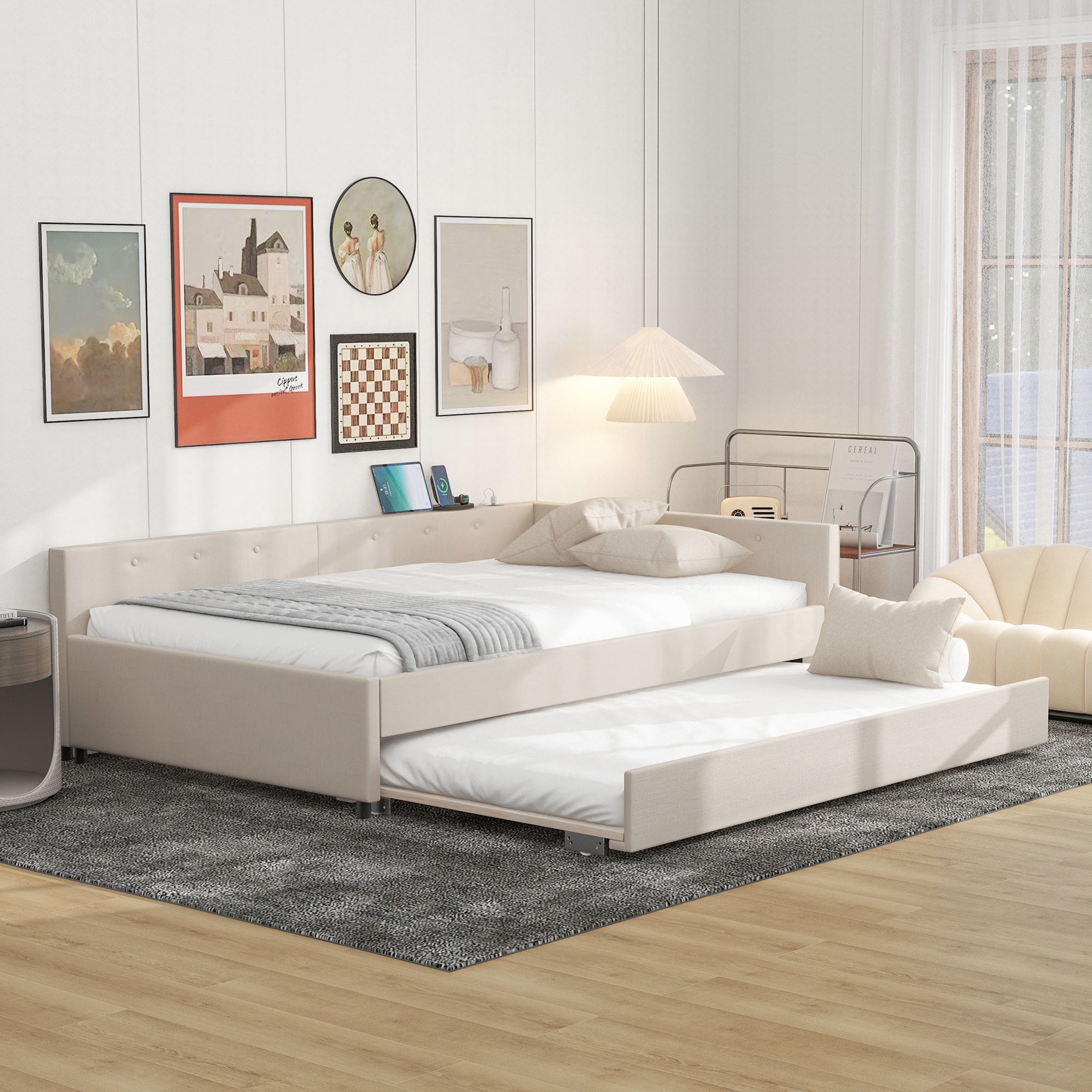 Noble House Felix Full Upholstered Platform Bed, Modern Linen Frame with Twin Trundle and USB Ports, Beige