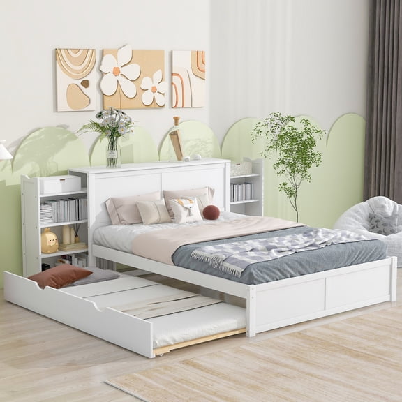 Noble House Fenfi Queen Size Storage Platform Bed with Pull Out Shelves and Twin Trundle, Solid Pine Wood Frame, White
