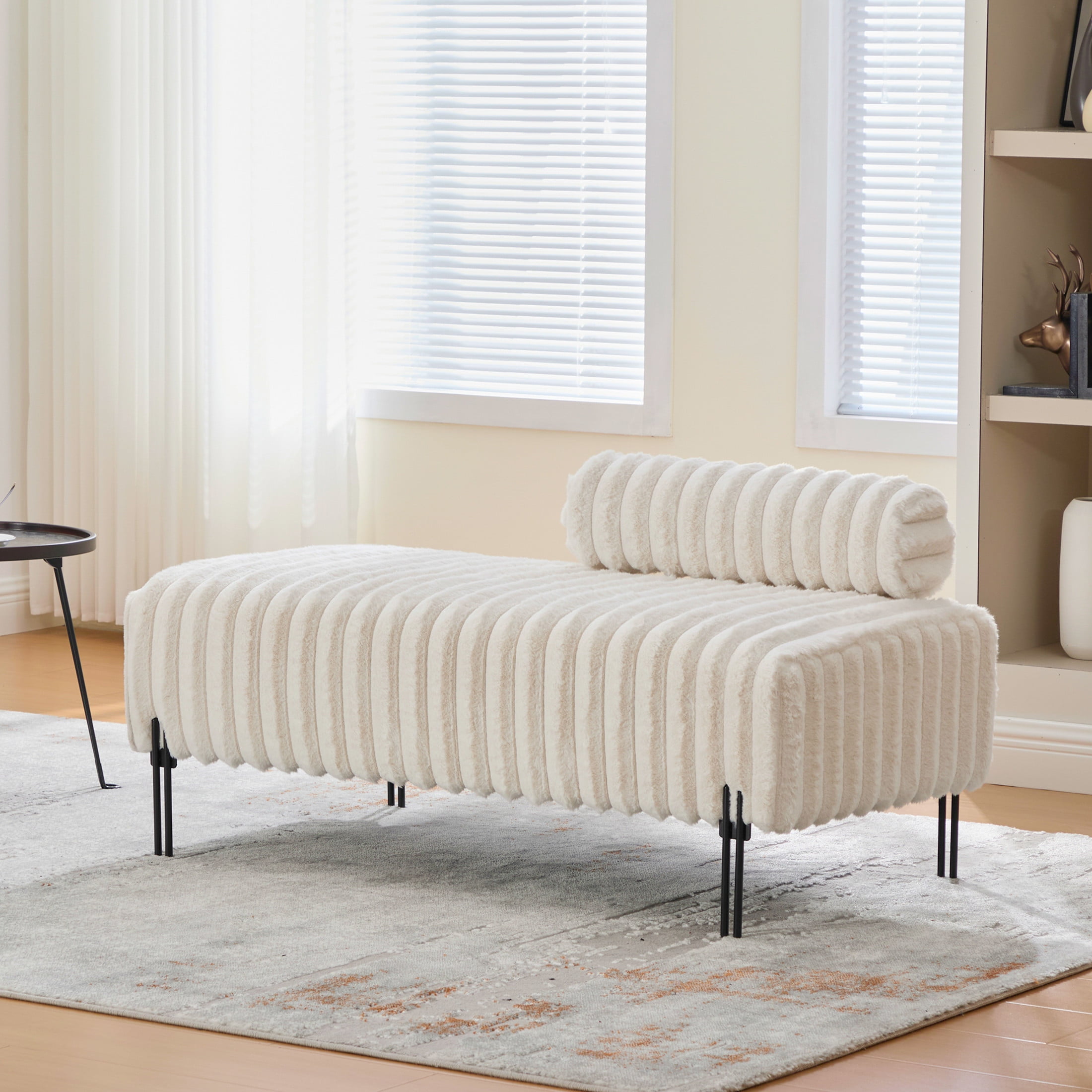 Noble House Fenton 49.6" Faux Fur Mini Loveseat, Adjustable Back Wide Bench with Metal Legs for Small Spaces, Beige