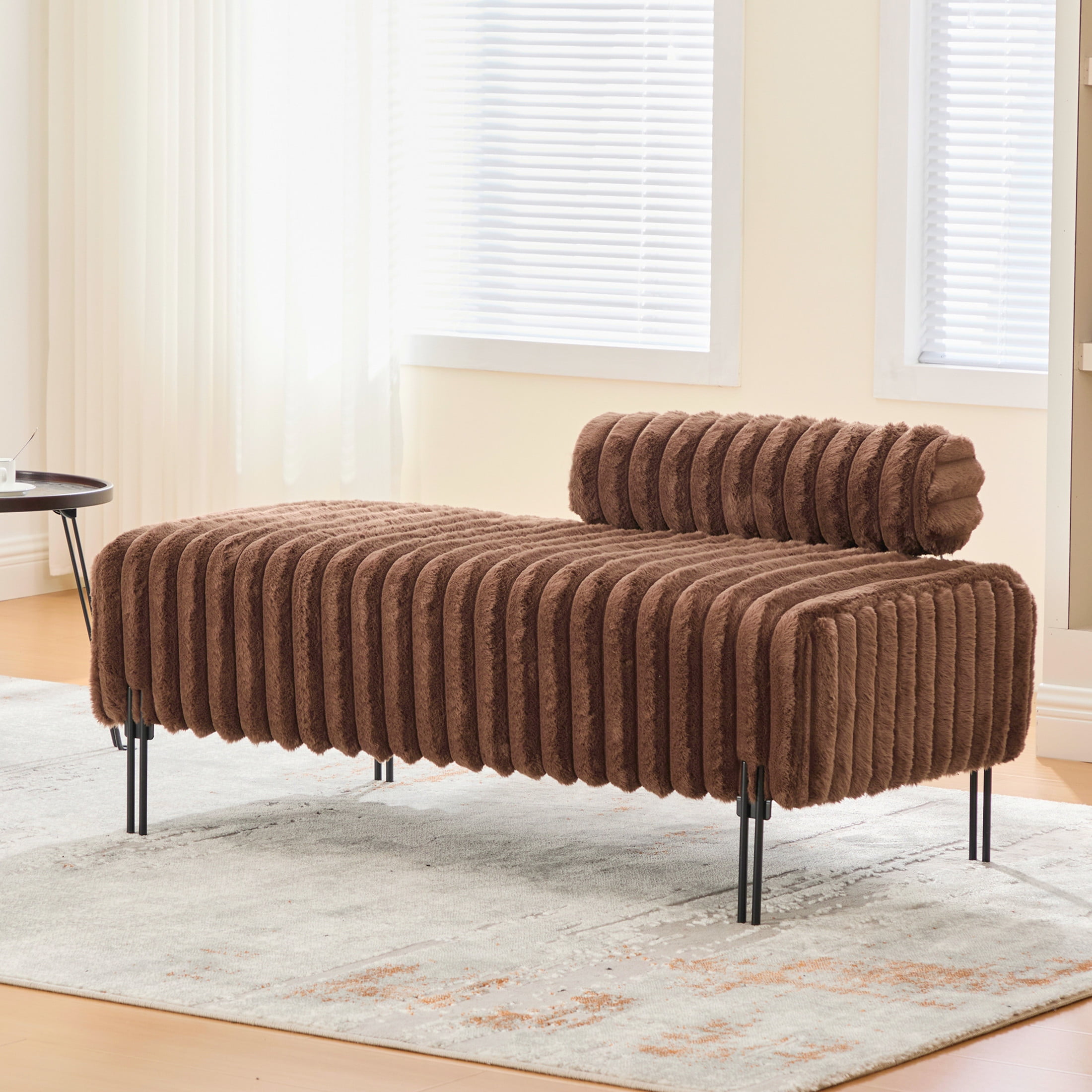 Noble House Fenton 49.6" Faux Fur Mini Loveseat, Adjustable Back Wide Bench with Metal Legs for Small Spaces, Brown