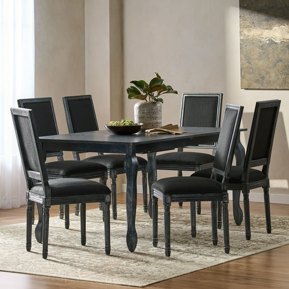 Noble House Fescue Fabric Upholstered Wood Expandable 7 Piece Dining Set, Gray and Black