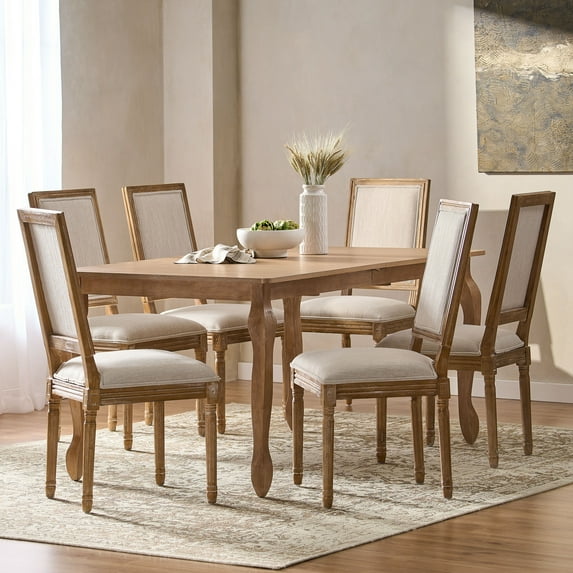 Noble House Fescue Fabric Upholstered Wood Expandable 7 Piece Dining Set, Natural Brown and Beige