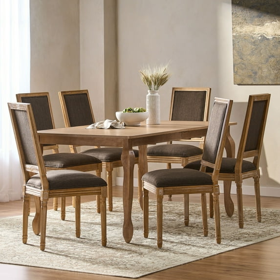 Noble House Fescue Fabric Upholstered Wood Expandable 7 Piece Dining Set, Natural Brown and Brown