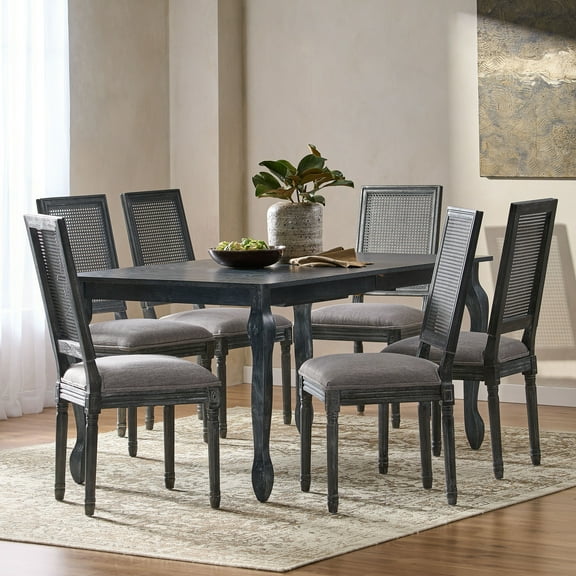 Noble House Fescue Fabric Upholstered Wood and Cane Expandable 7 Piece Dining Set, Gray