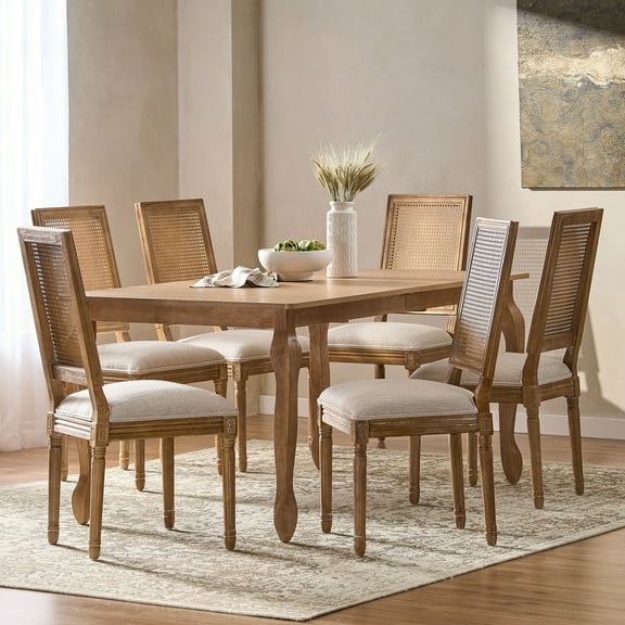 Noble House Fescue Fabric Upholstered Wood and Cane Expandable 7 Piece Dining Set, Natural Brown and Beige