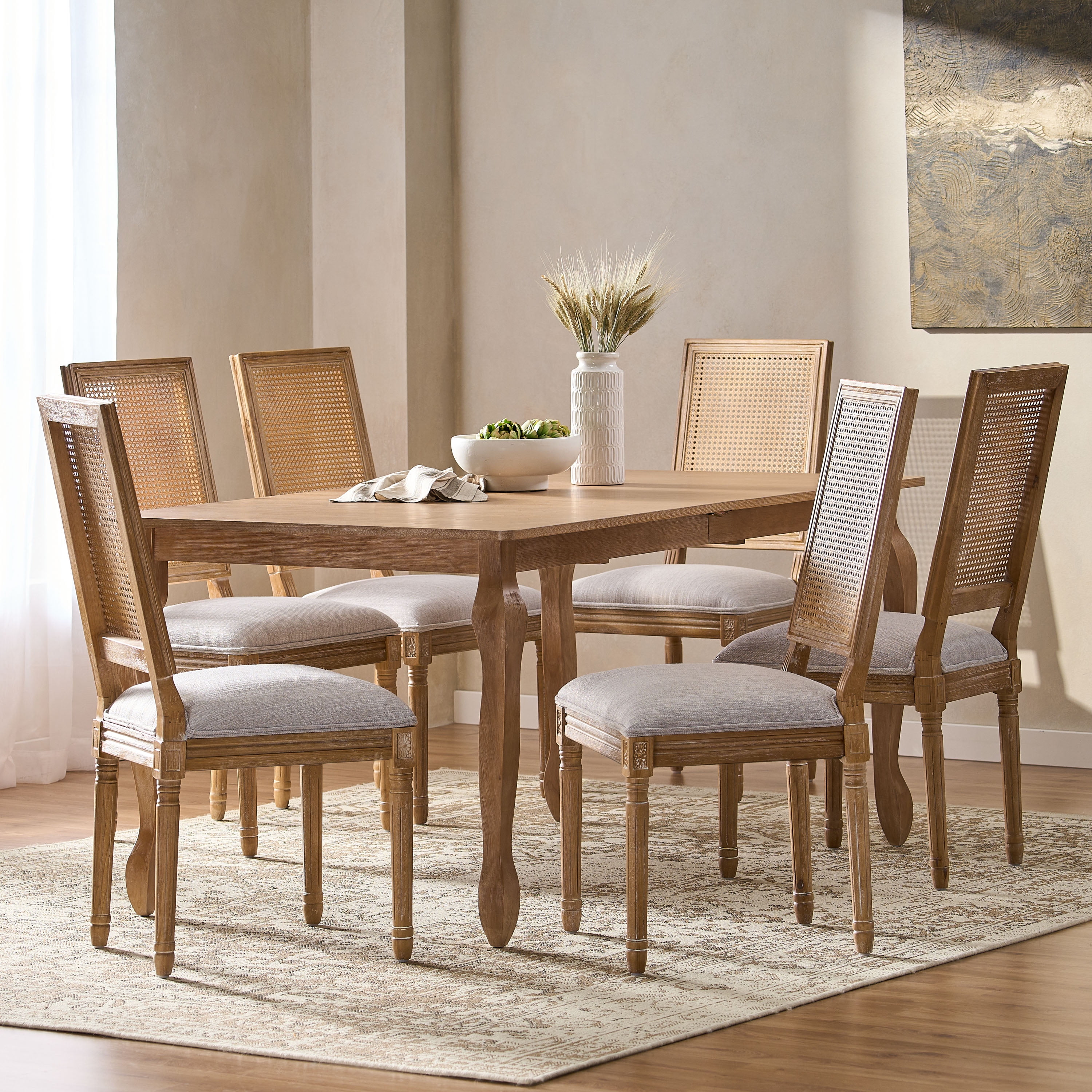 Noble House Fescue Fabric Upholstered Wood and Cane Expandable 7 Piece Dining Set, Natural Brown and Light Gray